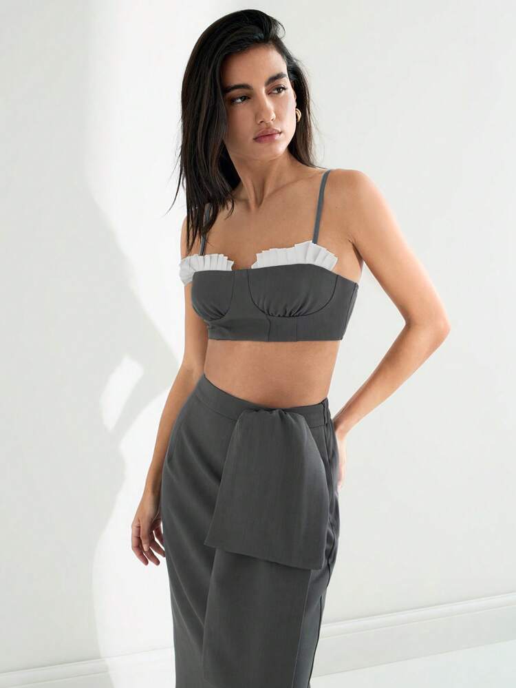 SHEIN Maija 2025 Summer New Women 2 Pieces Set, Adjustable Spaghetti Strap, Colorblock Grey White Shell Shaped Design, Elastic Back Waist, Suitable For Music Festival, Beach Holiday, Casual, Formal, Graduation, Romantic City Vacation