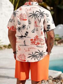 ResortEase 大码男士棕榈树印花短袖衬衫和短裤休闲西装男士度假装夏季度假装男士男士休闲日常穿着，海滩度假风格，搭配经典浪漫度假花卉休闲橙色短袖衬衫，适合海边度假。采用纽扣闭合，由轻质透气面料制成，时尚百搭。非常适合夏威夷海滩度假、音乐节和日常穿着，是送给男朋友或丈夫的理想礼物。海滩度假风格男士衬衫男士夏季衬衫套装男士衬衫热带风格 - 橘色 - 查看 2