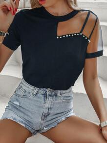 SHEIN LUNE Women Pearl-Embellished Mesh Panel Short Sleeve T-Shirt - Navy Blue - View 4