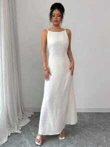 Rafferiza 女士纯色休闲细肩带露背连衣裙 - 米色 - 查看 6