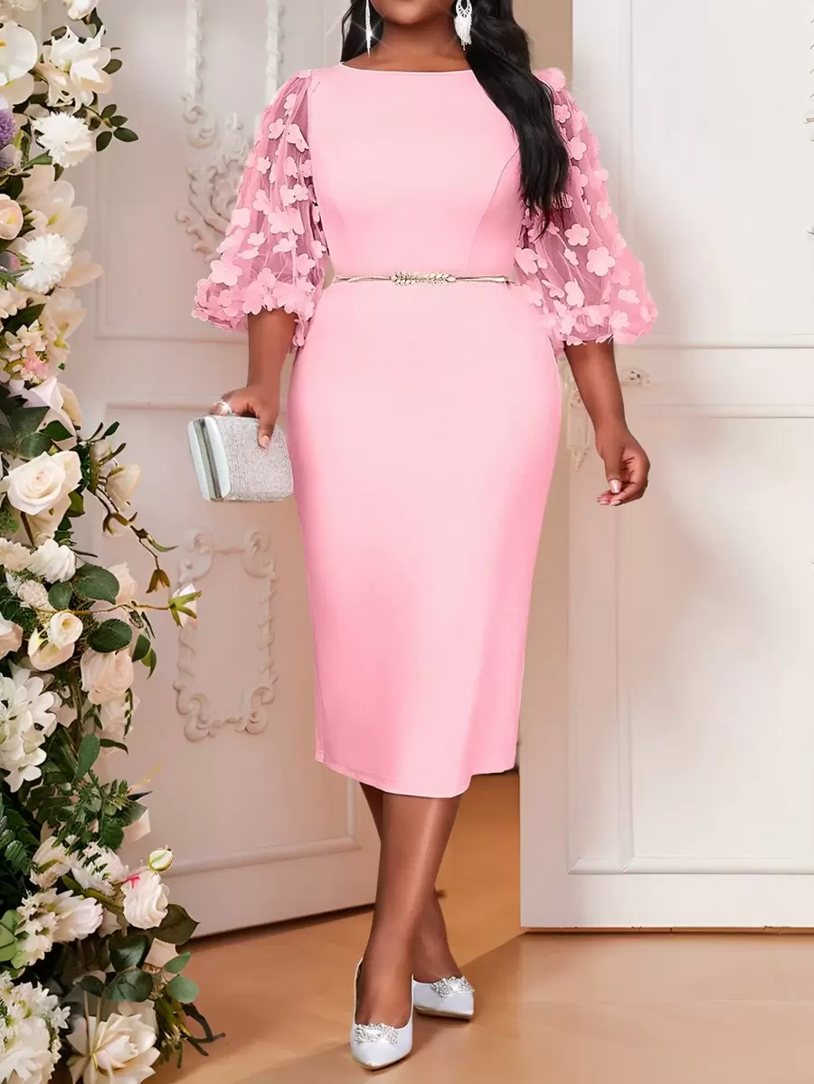 SHEIN Lady Plus Size Spring And Summer Casual Elegant Boho Pink Round Neck Knitted Three Dimensional Floral Fabric Mesh Splicing Puff Sleeve Wedding Dress Slim Mid-Length Plus Size Dress - Pink - View 1