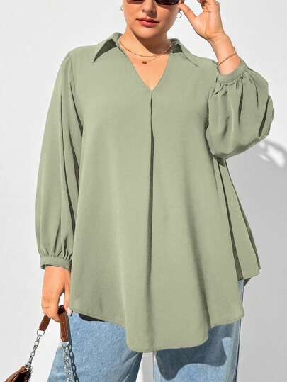 SHEIN Essnce Plus Size Women's Autumn And Winter Casual Loose And Comfortable V-Neck Black Long-Sleeved Shirt,Fall Women Clothes,Women Blouse,Curv Tops,Old Money,Black Top,Business Casual Women,Office Wear Women,Women Costumes,Women Tops, Homecoming,Teacher,Work Tops