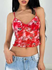 SHEIN EZwear Women's Summer Clothing Romantic Vintage Floral Print Vacation Short Red Western Camisole - Red - View 8