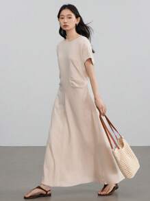 Dazy-Less Linen Minimalist Solid Color Cinched Waist Design Formal Women Midi Dress Old Money Style Sundress,Casual Women Dresses Business Casual Woman Work Clothes - Khaki - View 1