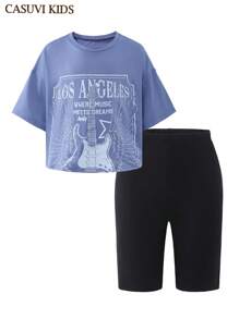 SHEIN Explorewe 2pcs/Set Teen Girls Printed Cropped T-Shirt And Solid Color Elastic Waist Shorts Set - Multicolor - View 1