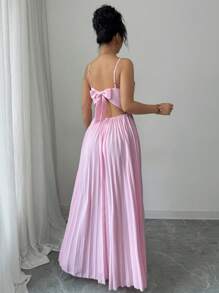 Elenzga Damen V-Ausschnitt geraffte rückenfreie Schleifendekor Lässig Urlaub Mini Kleid - Pink - Übersicht 2