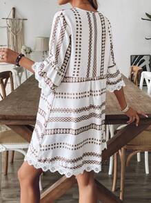 Breezaya Women Striped V-Neck Geometric Pattern Sexy Casual Vacation Khaki Long Sleeve Dress, Elegant Party Dress - Khaki - View 2