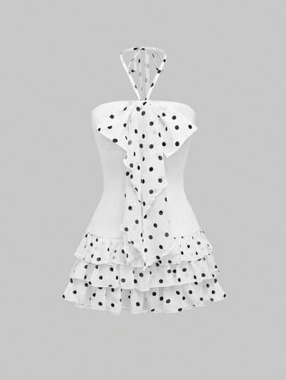 Kawaii Vestido informal de mujer con cuello de lazo y espalda descubierta, unicolor con parches en estilo minimalista