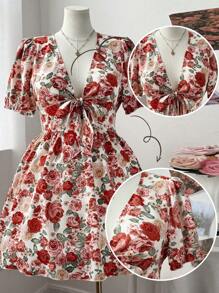 Flirla Romantic Tie-Knot Waist Short Sleeve Midi Dress - Pink - View 1