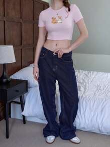 Jouncy Damski top z nadrukiem w kształcie królika z okrągłym dekoltem i krótkim rękawem - Różowy - Zobacz 4