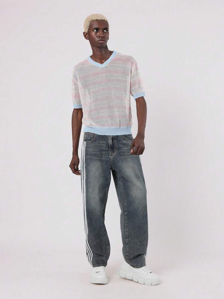 Pull léger à manches courtes en maille ajourée avec numéro universitaire