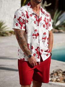 Manfinity Homme Plus Size Men's Floral Print Short Sleeve Shirt And Shorts Set, Vacation Style - Red - View 5