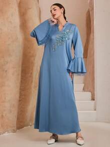 Graceveil 女士优雅阿拉伯风格花卉贴花 V 领喇叭袖连衣裙，端庄 - 藍色 - 查看 7
