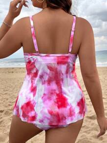 Swim Lushoire 2pcs Plus Size Women Color Tie Dye Random Print Adjustable Spaghetti Strap Mesh Overlay & High Waist Swimwear, Sexy & Elegant Beach Holiday Tankini Set