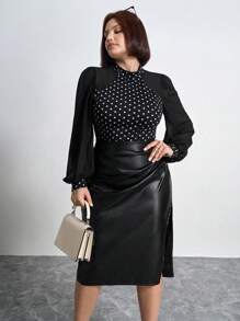 Chikora Falda lápiz de alta gama con pliegues y abertura, talla grande, para invierno - Negro - Ver 4