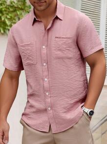 Manfinity Homme 男士纯色休闲衬衫，简约时尚日常穿着 - 粉色 - 查看 5