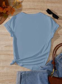 INAWLY God Is Always Good, Wildflower Pattern Round Neck Straight Shoulder Women Printed Short Sleeve T-Shirt Graphic Tees Women Tops Fall Cloth For Women - Dusty Blue - View 2