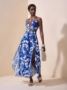 Slaydiva Summer New Casual Vacation Hollow Tie-Up Blue & White Printed Dress For Women - Blue and White - View 6