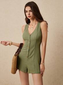 Poéselle 女式简约前扣连体裤，夏季纹理设计，绿色 - 綠色 - 查看 5