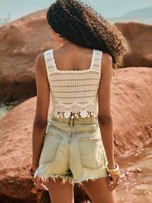 Poéselle Hollow Out Embroidered Beaded Crochet Sleeveless Knit Top, Spring/Summer - White - View 2