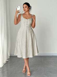 SHEIN Unity Plus Size Women Summer Elegant Faux Pearl Button Decorated Dress - Coffee Brown - View 1