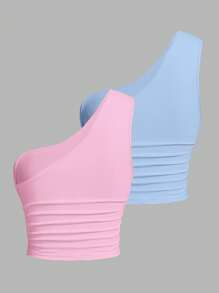 SHEIN EZwear Two-Piece Set Set Women Casual Two Tone Knit One Shoulder Ruched Rave Top