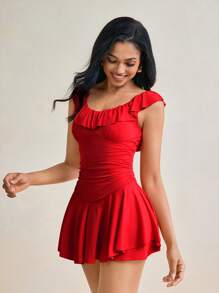 Amiko Designer Red Flounce Neck Twist And Cutout Back Ruched V-Waist Skort Romper - Red - View 7