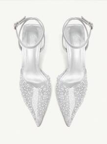 CUCCOO CHICEST Women's Pearl & Rhinestone Transparent Silver Foil Closed Toe Stilettos, Sexy Elegant Pointed Toe Mules For Christmas