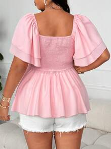 Flirla Plus Size Women's Elegant Ruched Collar Pleated A-Line Blouse, Loose Fit Ruffle Sleeve Party/Wedding Guest Vacation Vintage Shirt - Pink - View 2