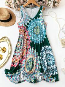 SHEIN Plus Size Women Floral Print V-Neck Backless Dress, Vacation Style - Dark Green - View 1