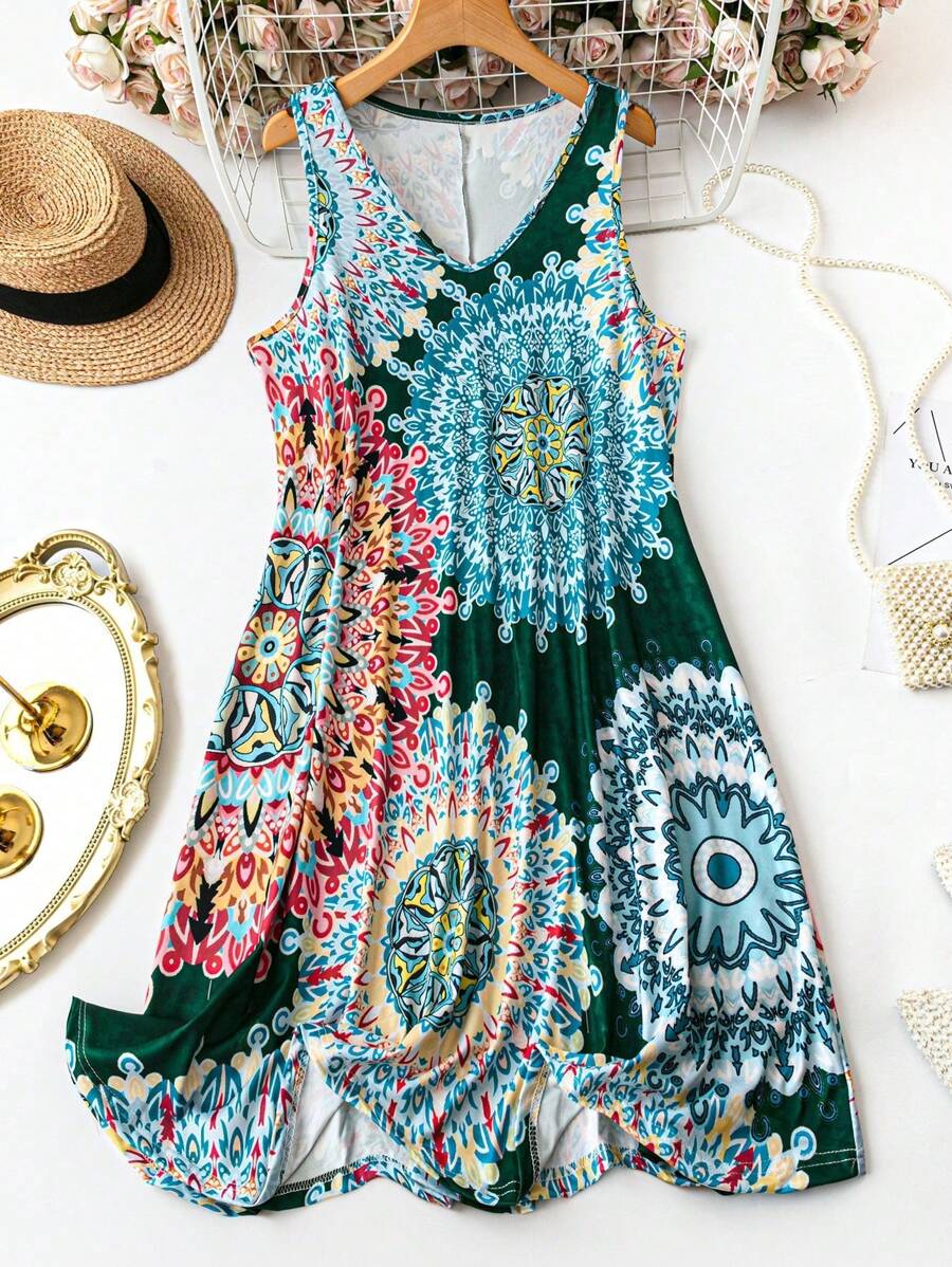 SHEIN Plus Size Women Floral Print V-Neck Backless Dress, Vacation Style - Dark Green - View 1