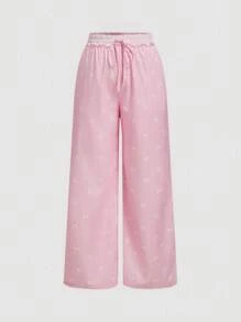 SHEIN MOD Pantaloni taglia comoda con vita regolabile in rosa, fantasia a nodo bianco, effetto bicolor, con tasche in pizzo
