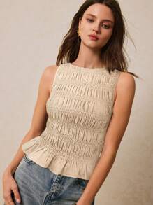 Poéselle Top casual de mujer de unicolor con cuello redondo y volante en el bajo - Albaricoque - Ver 6