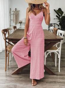 Breezaya Women's V-Neck Tie Front Backless Jumpsuit, Solid Color, Vacation Style, Spring/Summer - Pink - View 3