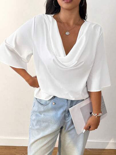 SHEIN EZwear Plus Size Casual Simple Chiffon Solid Shirt With Plunging Neckline