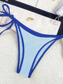 Swim Mod 2026 春夏女士泳衣，细肩带露背领，海军蓝 + 浅蓝撞色，性感度假侧系带丁字裤比基尼套装 - 藍色 - 查看 5