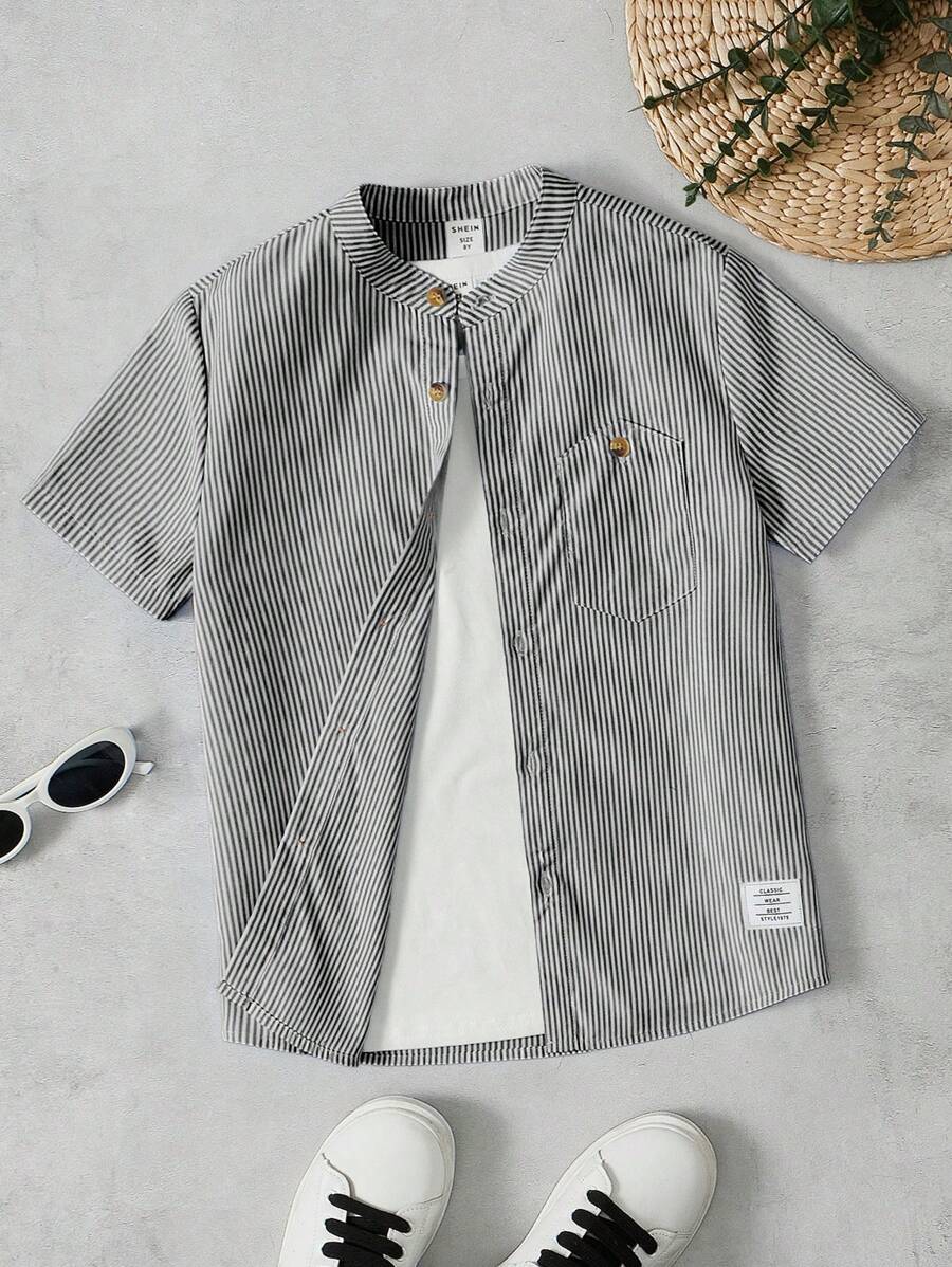 SHEIN Tween Boy Casual Comfortable Stand Collar Striped Short Sleeve Button-Up Shirt - Black - View 1