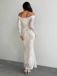 Aloruh Vestido ajustado tipo ajustado de manga larga de encaje blanco con hombros descubiertos, escote drapeado, apropiado para fiestas, citas nocturnas, temporada de bodas y eventos formales de noche, otoño/invierno