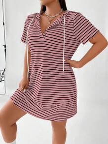 Flirla Plus Size Women Ribbed Ribbed Short Sleeve Hooded Dress - Multicolor - View 7