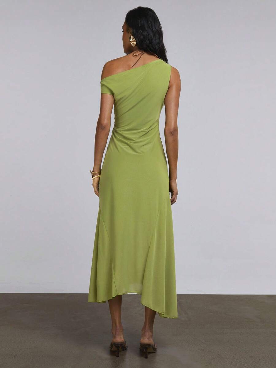 Athîral Damen Einfarbiges Kleid mit asymmetrischem Kragen und Rüschensaum, elegant - Grün - Übersicht 1