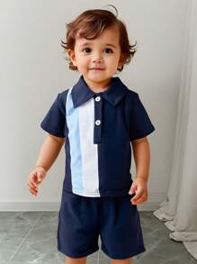 Bộ 2 áo thun polo và quần short cho bé trai/bé gái, áo polo khối màu bất đối xứng, thiết kế mở phía trước tiện lợi, thích hợp mặc ở nhà, chơi ngoài trời, tiệc tùng và mọi dịp - Màu xanh lam - Xem 11