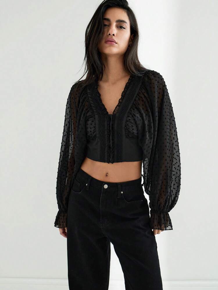 SHEIN Maija 2025 Summer New Black Lace Patchwork Waist Tie Polka Dot Jacquard Shoulder Sleeve Casual Chic Everyday Versatile Music Festival Beach Vacation Romantic Urban Getaway Suitable For Outing Party Wedding Guest Retro Graduation Season