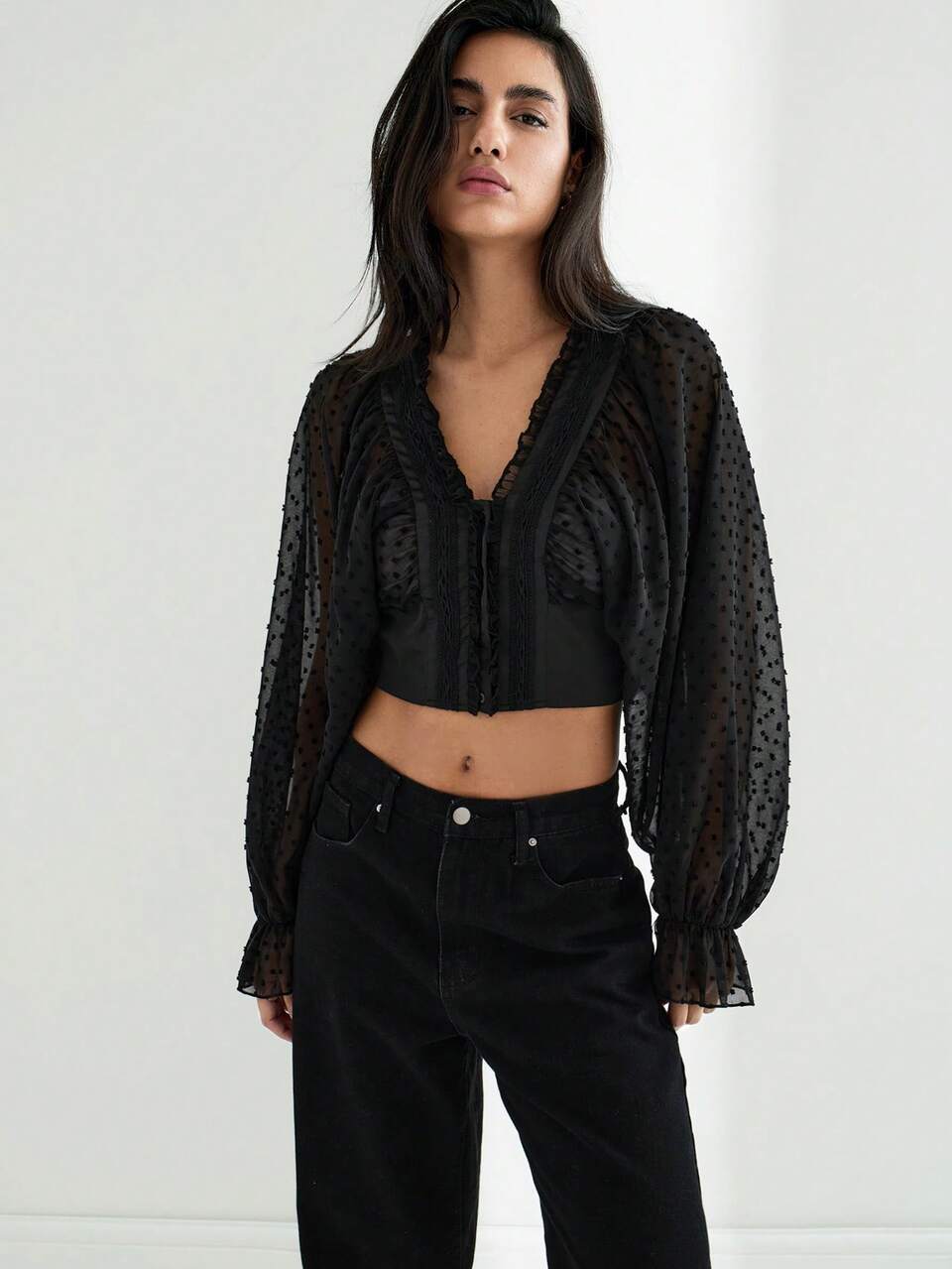 SHEIN Maija Summer Elegant Black Polka Dot Lace Patchwork Waist Tie Jacquard Shoulder Sleeve Top,Casual Night Out Chic Music Festival Party Wedding Guest