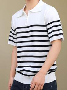 Manfinity Hypemode Men's Zip Neck Striped Short Sleeve Casual Knit Top - Black and White - View 6