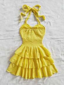 Soleia Gaun Liburan Pantai Musim Panas Berwarna Kuning yang Lucu, Gaun Tamu Pernikahan Gaya Bohemian Barat Warna Krem, Gaun Halter Berlapis Ruffle Tropis Elegan untuk Wisuda & Brunch - Kuning - View 2