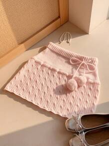SHEIN Comfortcana 女士休闲纯色绒球装饰抽绳腰部针织 A 字裙 - 淺粉色 - 查看 6