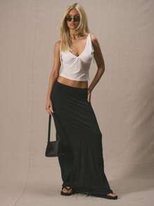 MUSERA Low Rise Asymmetric Seam Fitted Flared Hem Maxi Skirt Summer Cute Vacation Al Fresco - Black - View 2