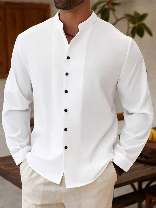 ResortEase Plus Size Men's Solid Color Long Sleeve Single-Breasted Casual/Business Shirt, Men's White Shirt