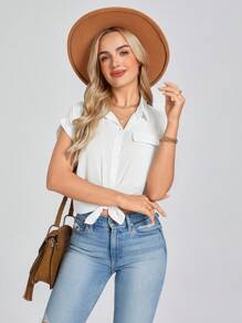 Wildy Knotted Self-Tie Button-Front Shirt,Short Sleeve Tops