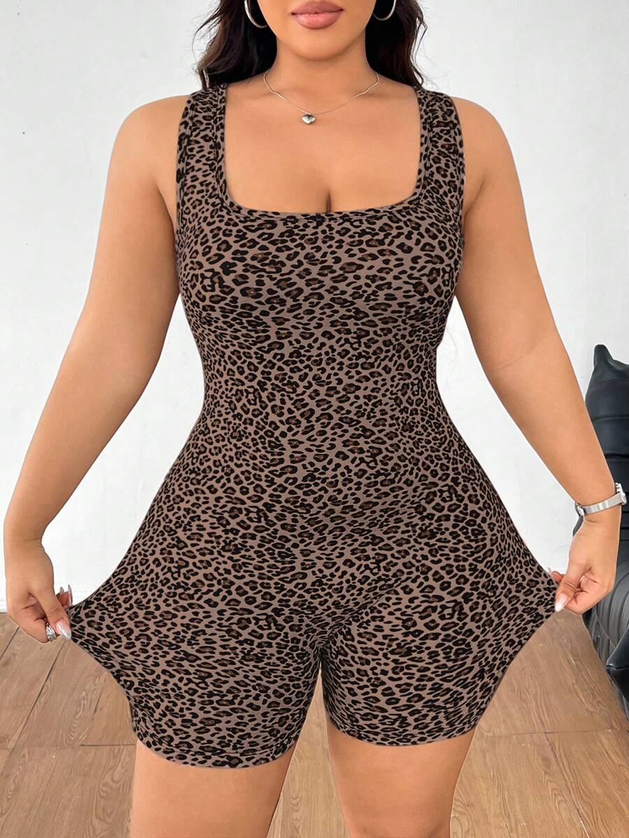 SHEIN EZwear Jumpsuit mit Leoparden-Muster und ärmellos Große Größen für Damen, Rundhalsausschnitt